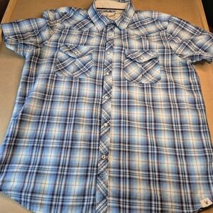Roebuck & Co Light Blue Plaid Short-Sleeve Pearl Snap Shirt